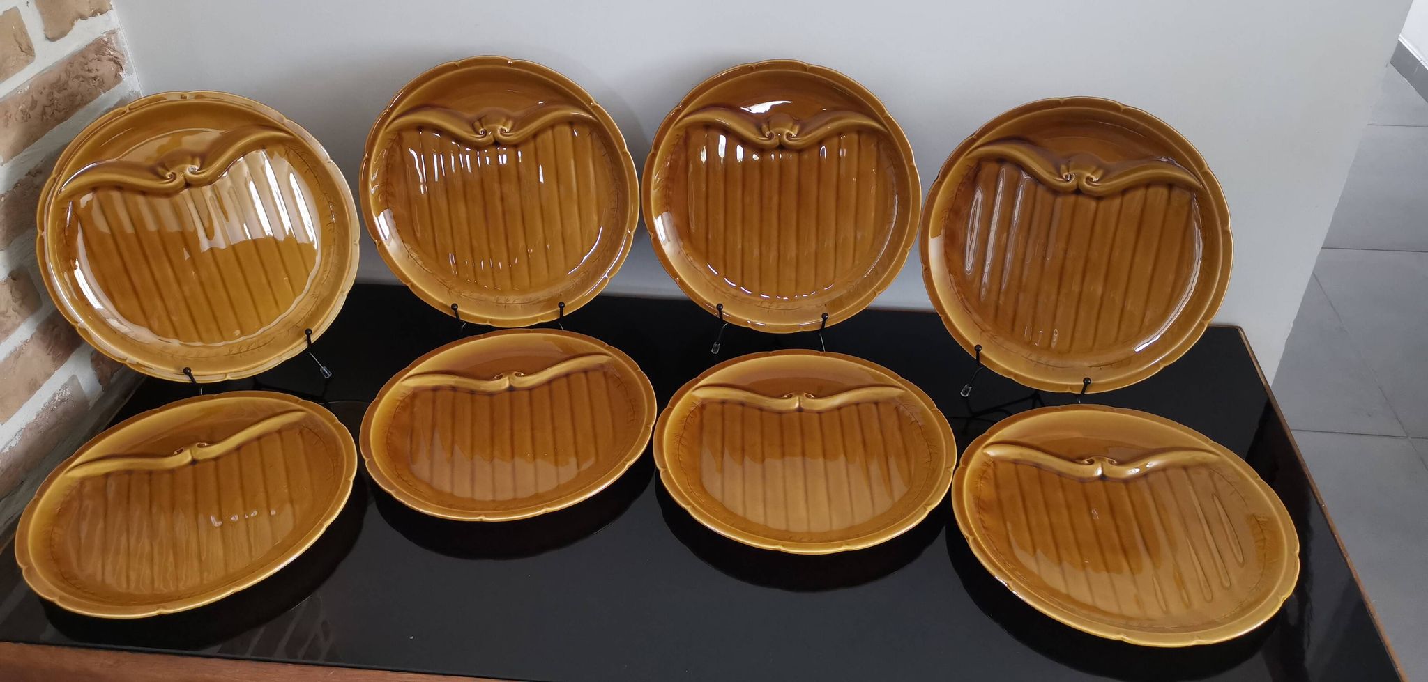 8 vintage Gien France asparagus plates in glazed brown slip