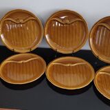 8 vintage Gien France asparagus plates in glazed brown slip