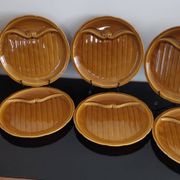 8 vintage Gien France asparagus plates in glazed brown slip