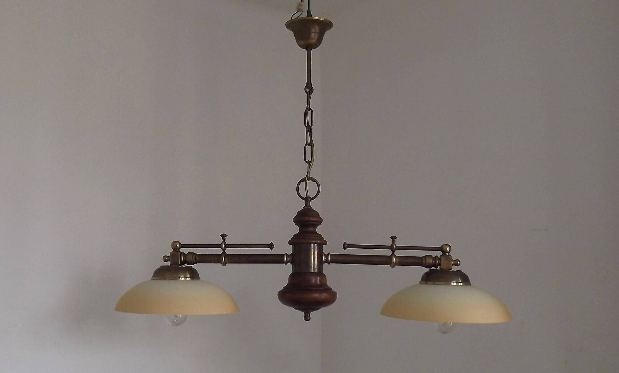 2 Light French Mid Century Extendable Billiard Light In Brass Wood & Glass