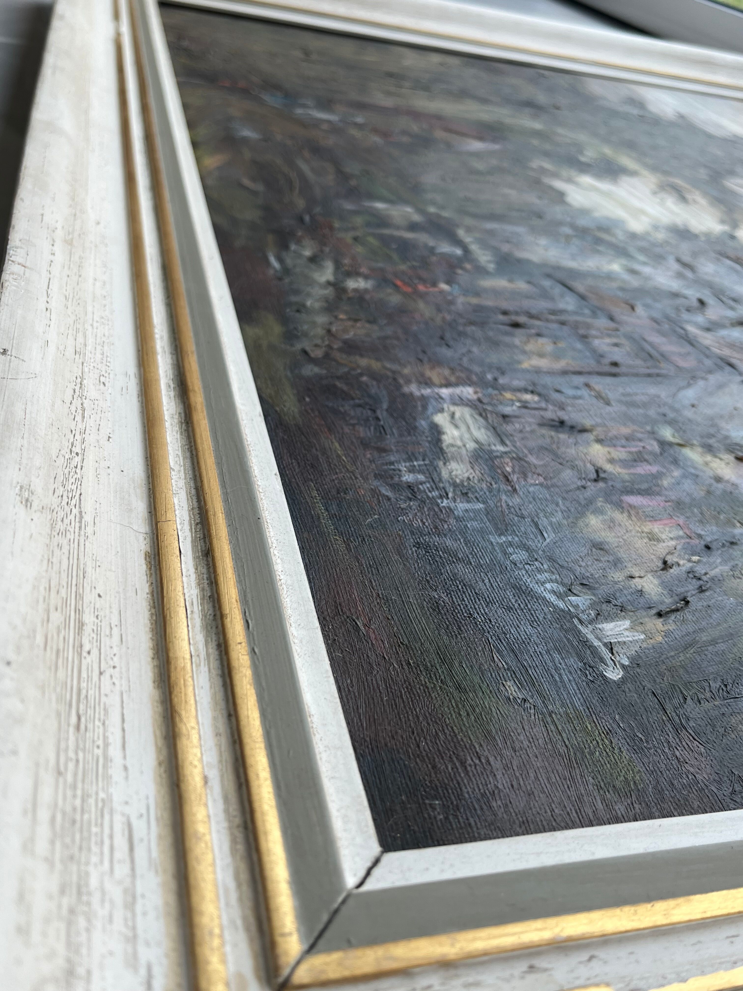 Painting, oil on canvas signed, forest landscape with horsemen