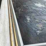 Painting, oil on canvas signed, forest landscape with horsemen