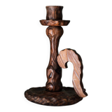 Brutalist carved wood candle holder, dark brown with lighter highlights, made in Italy, 1940s