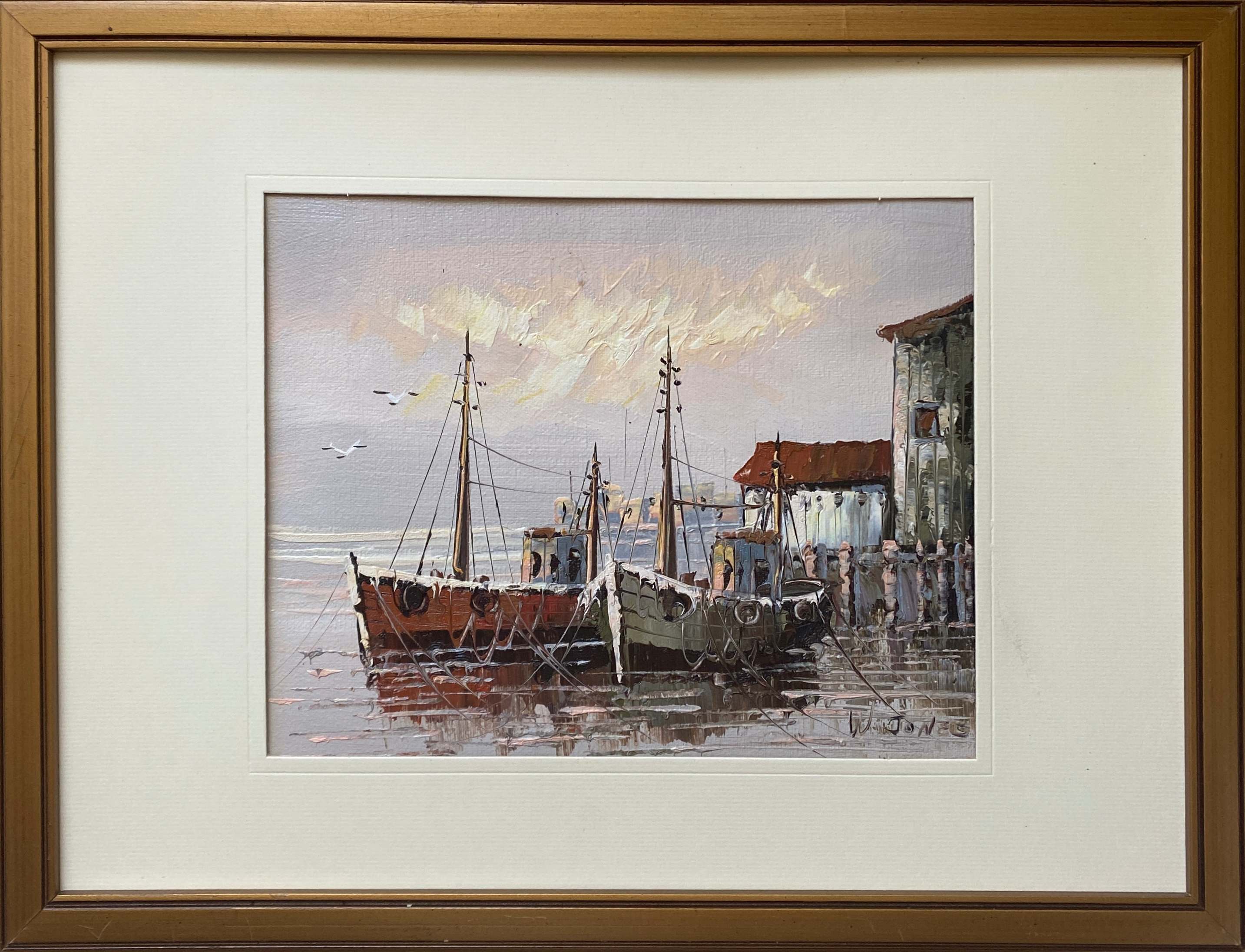Tableau HST "Marine, les barques au port" signé W. Jones, référencé