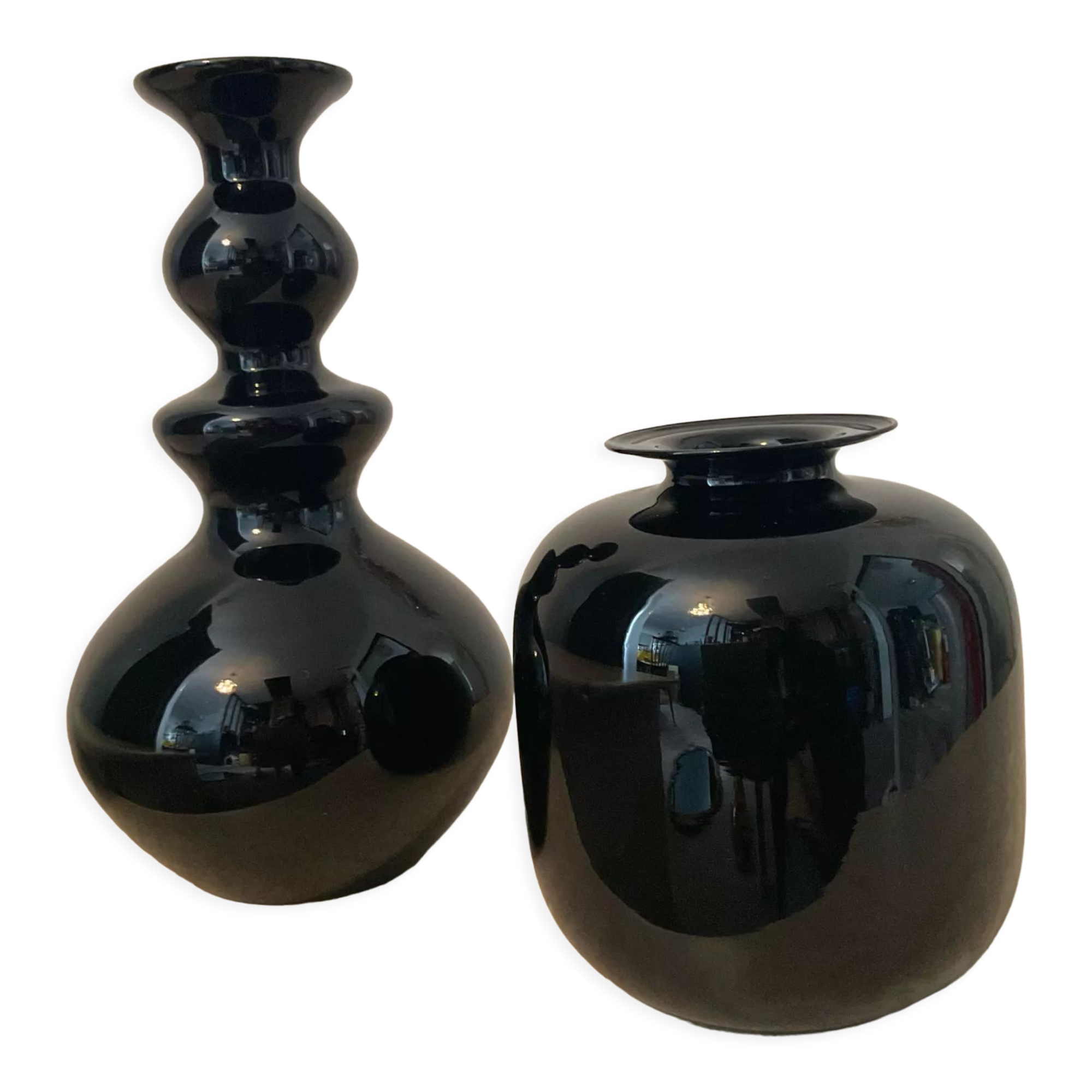 Duo of black opaline vases from the 60s and 70s