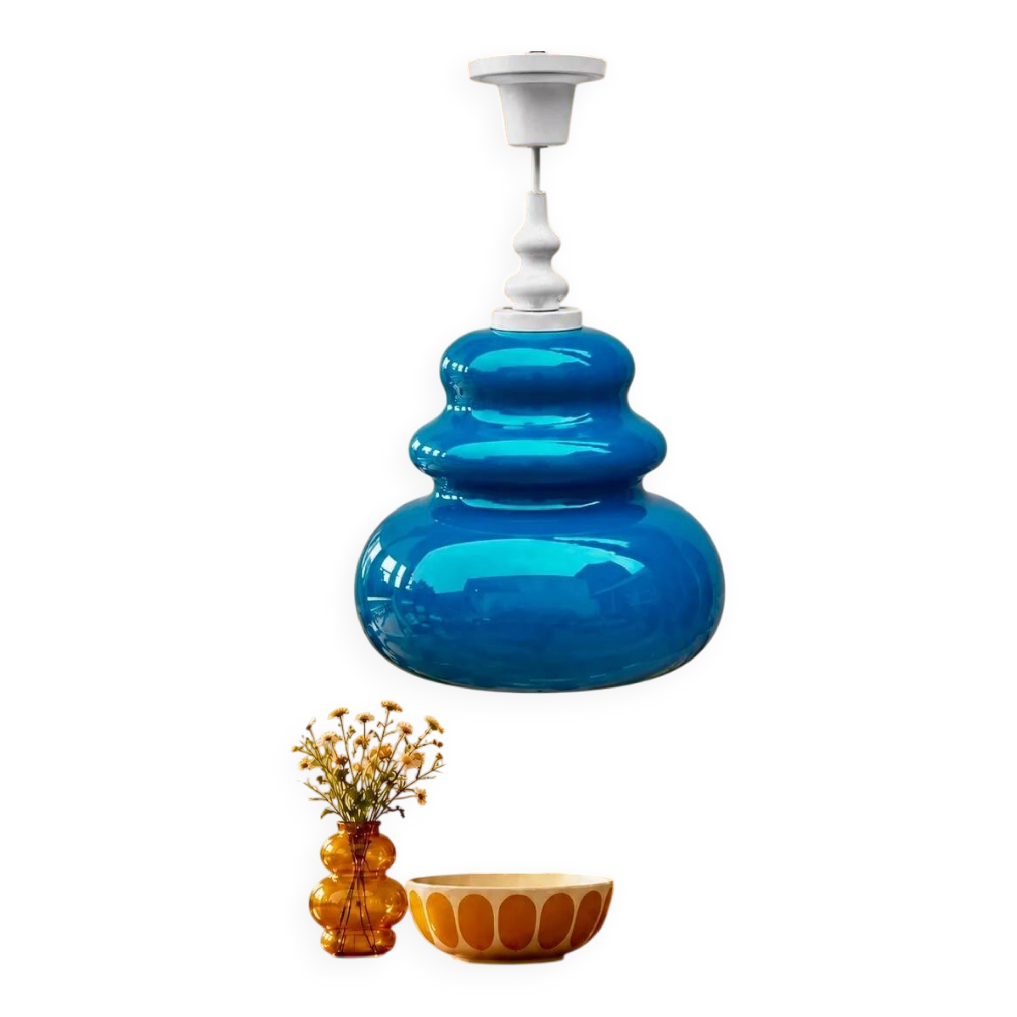 Turquoise glass and painted white wood pendant – 1970s