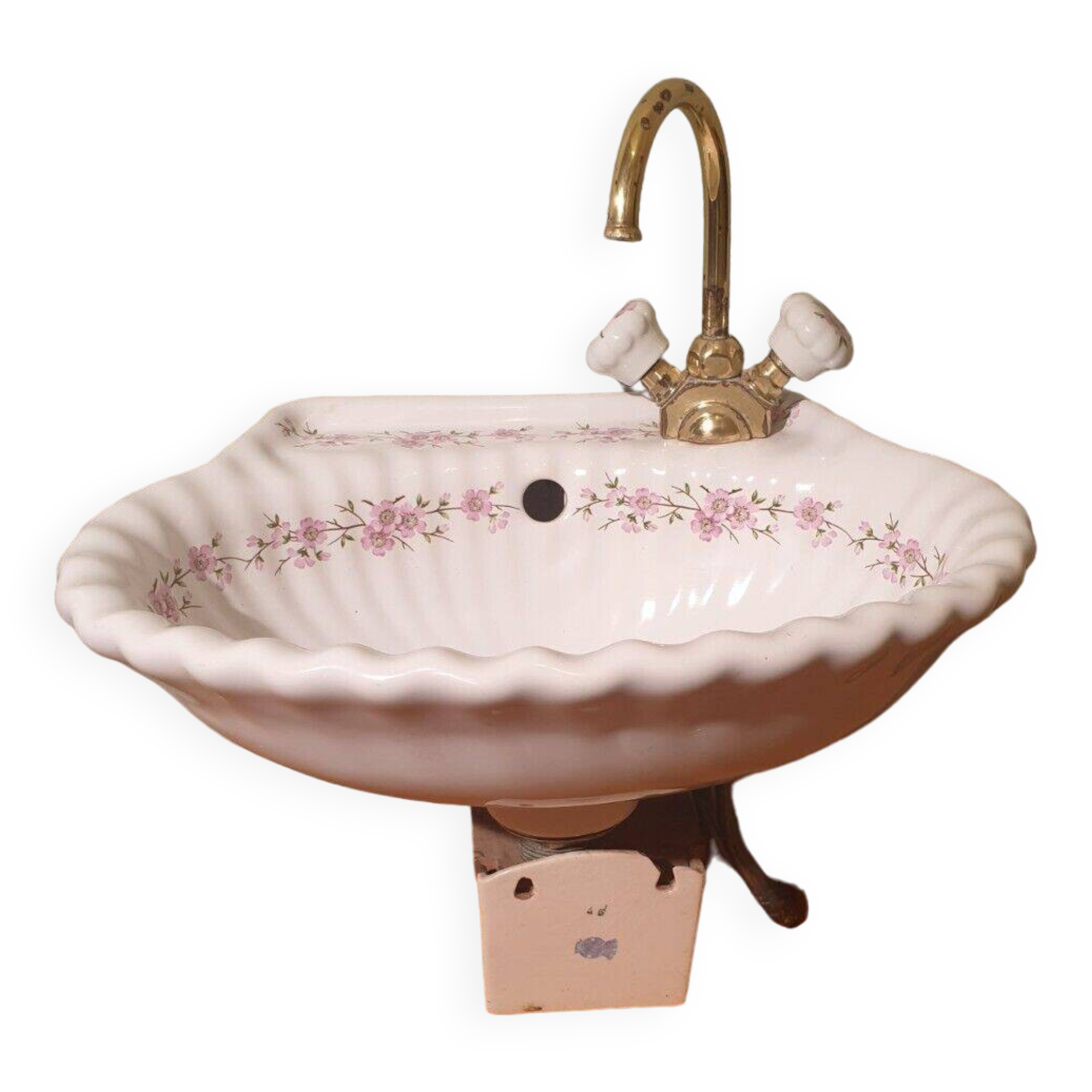 Small vintage sink paris porcelain les bains decorated with peach blossoms