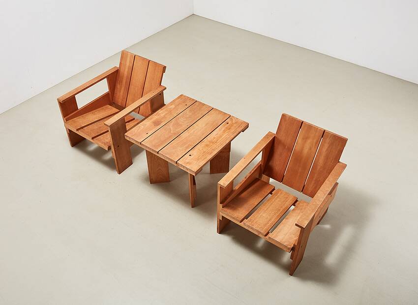 Gerrit Rietveld Pair of Crate Chairs + Table for Cassina 1934/ 1979
