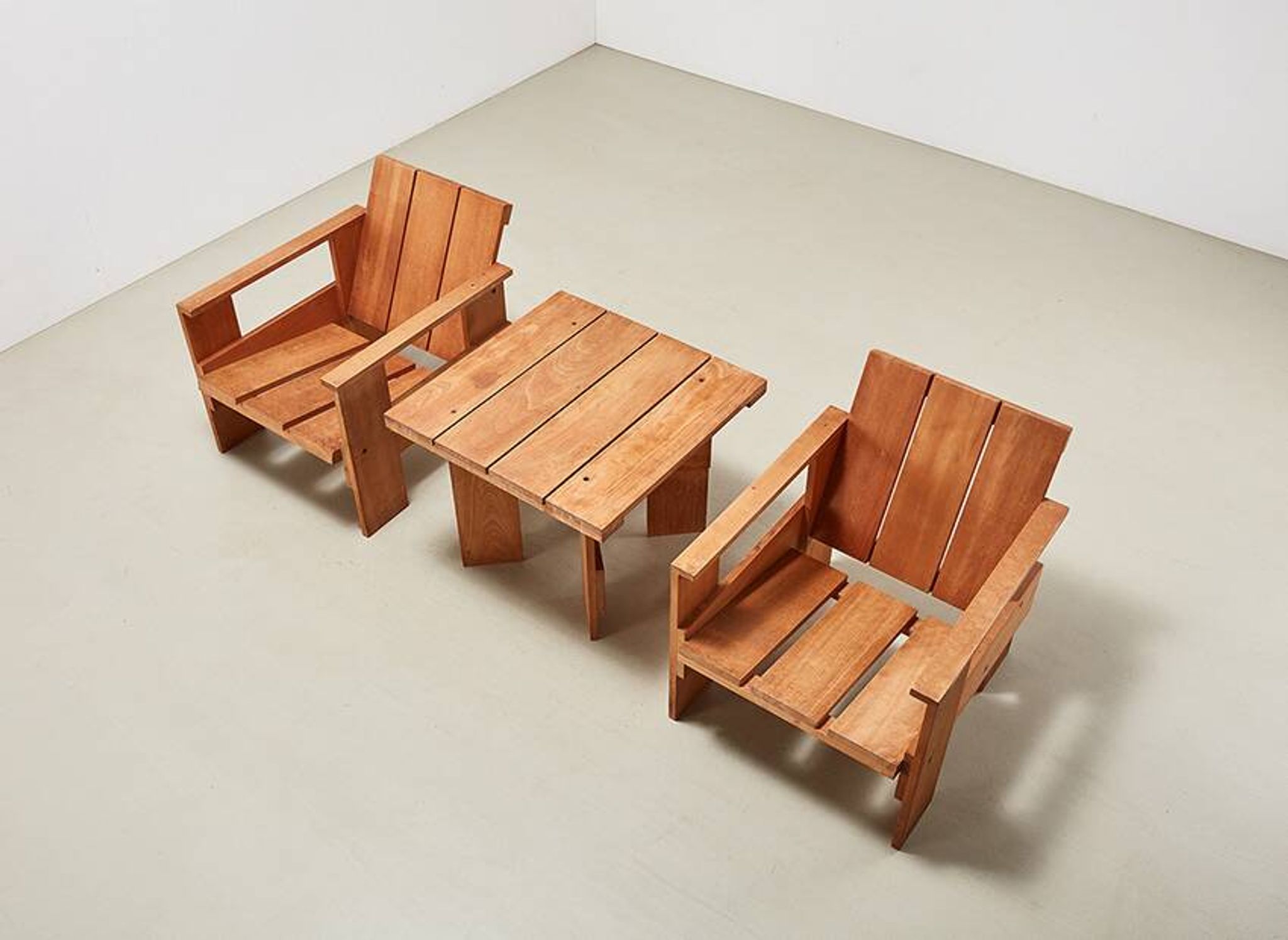 Gerrit Rietveld Pair of Crate Chairs + Table for Cassina 1934/ 1979