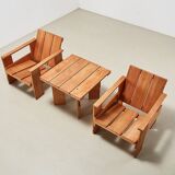 Gerrit Rietveld Pair of Crate Chairs + Table for Cassina 1934/ 1979