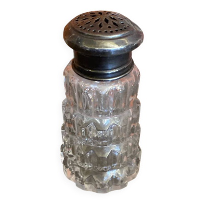 Saupoudreuse Sucrier Ancien Verre Moulé + Bouchon Métal Argenté Vintag