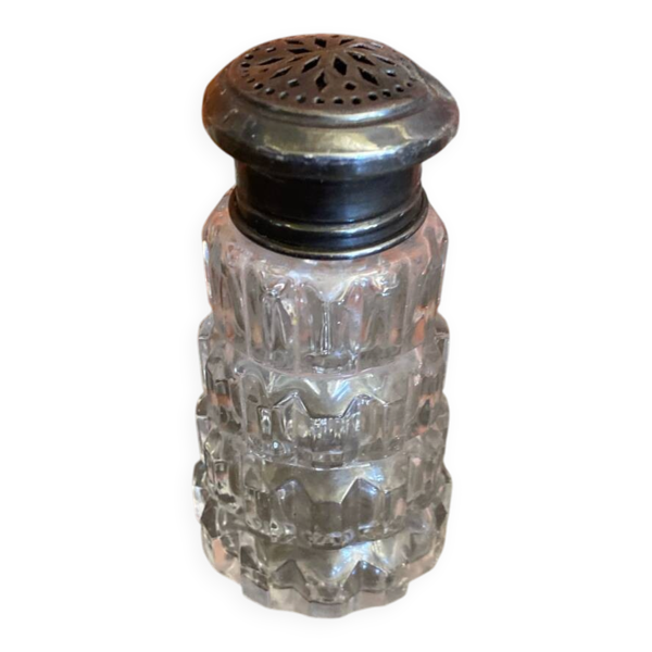 Saupoudreuse Sucrier Ancien Verre Moulé + Bouchon Métal Argenté Vintag