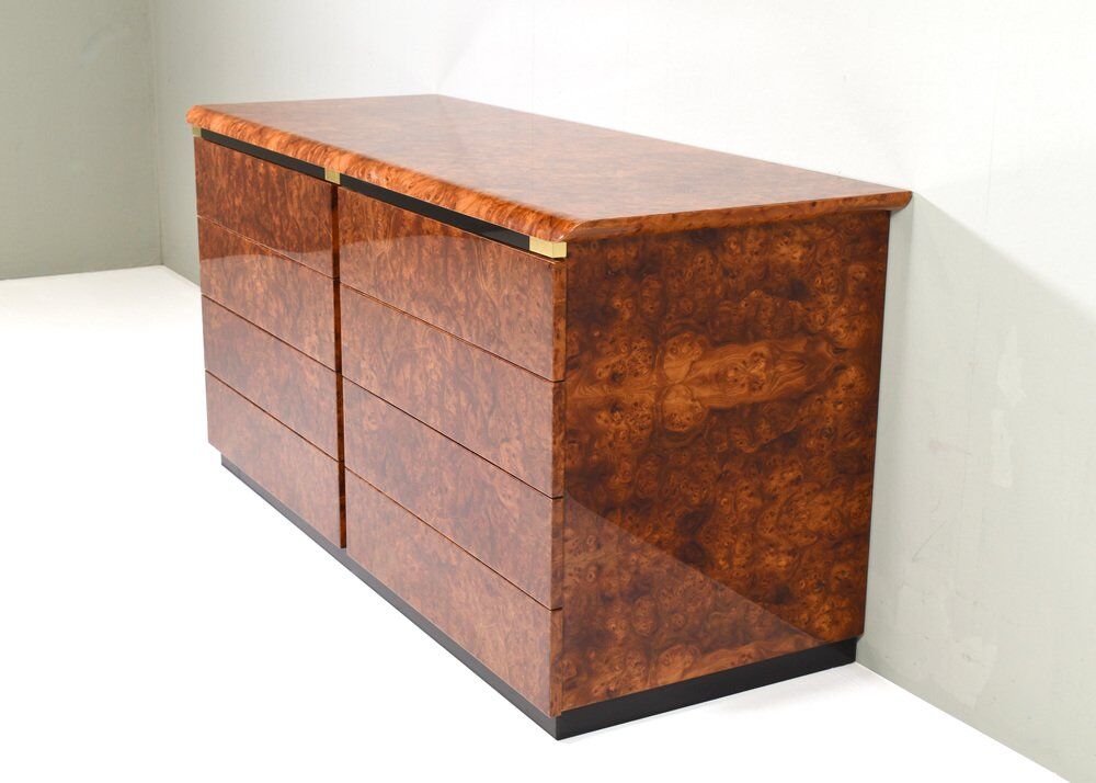 Italian drawer credenza in high gloss burl and brass, Italy, 1970s