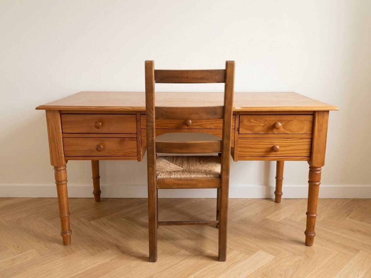 Large solid pine minister's desk with turned legs.