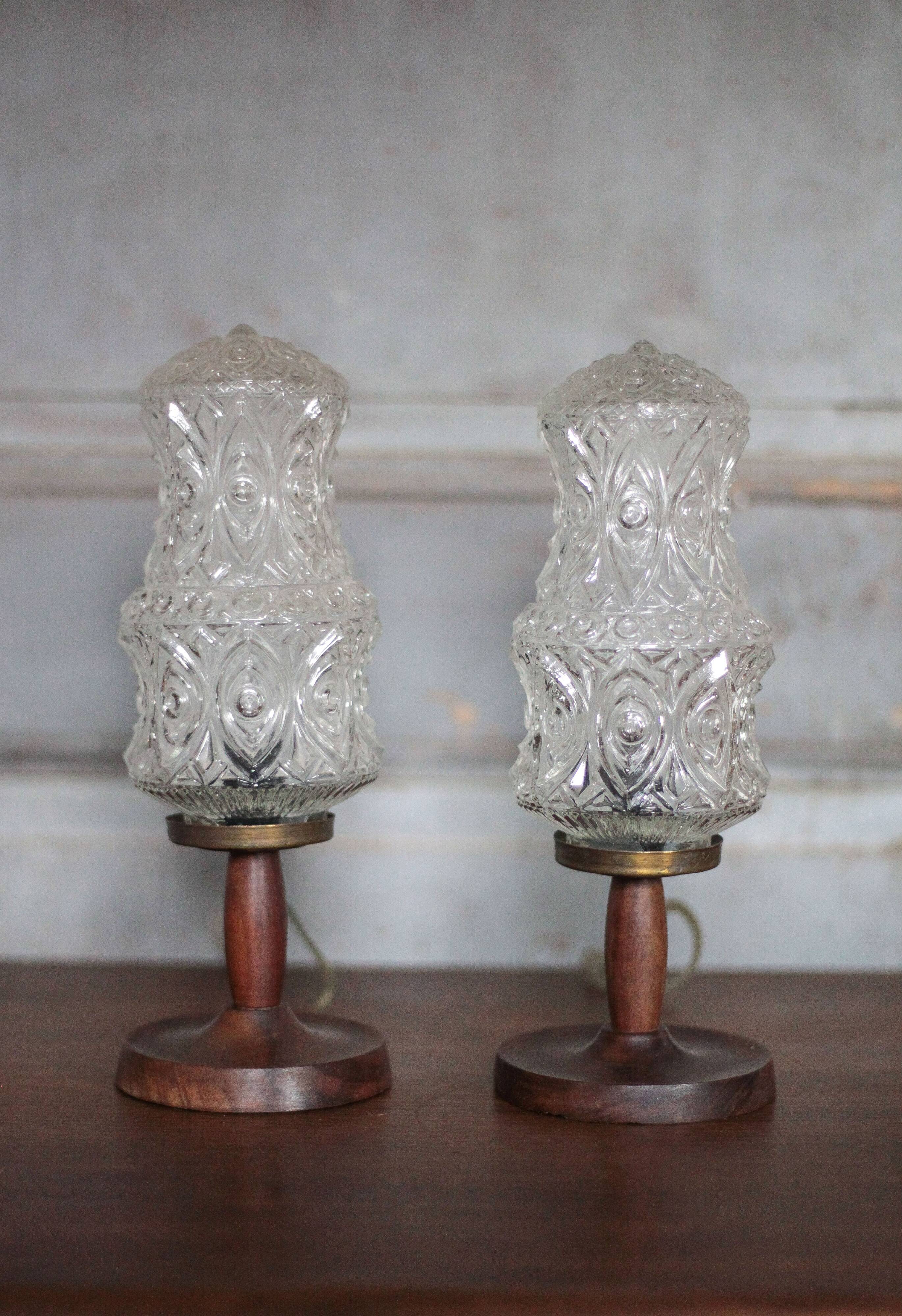 pair of vintage lamps, bedside lamps, glass globe lamps, wooden base, decoration