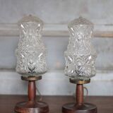 pair of vintage lamps, bedside lamps, glass globe lamps, wooden base, decoration