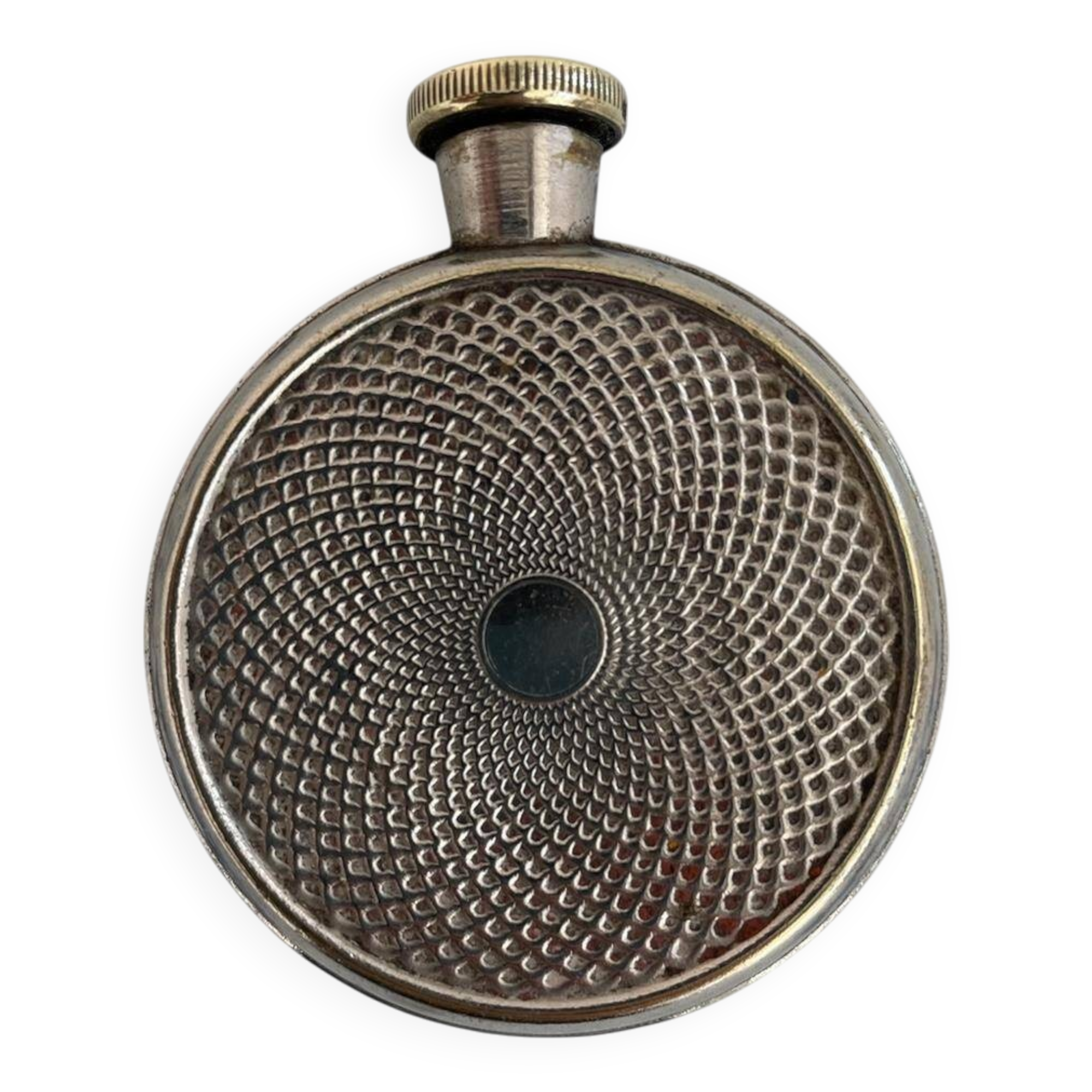 Art Deco flask in silver-plated metal, spiral guilloché decoration, DR marking