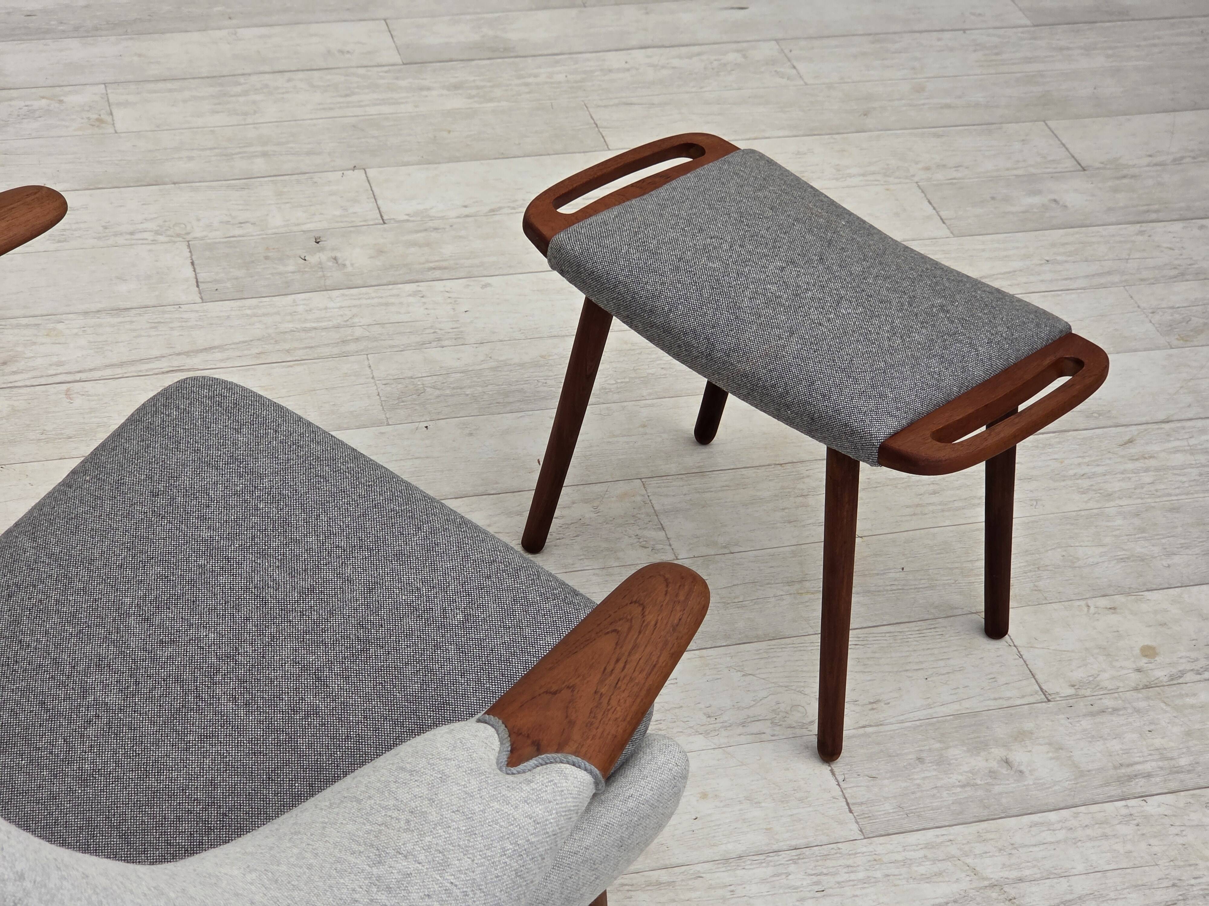 Fauteuil danois à dossier haut avec tabouret, années 1970, laine, bois de teck.