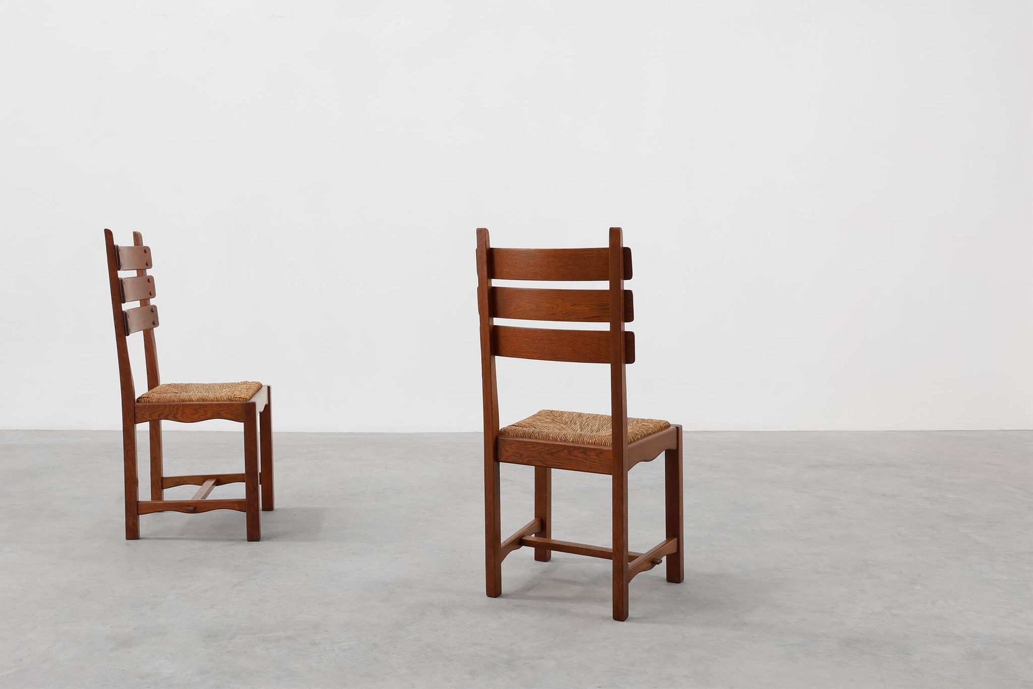 Two Mid-Century Modern Brutalist Oak and Wicker Chairs, 1960