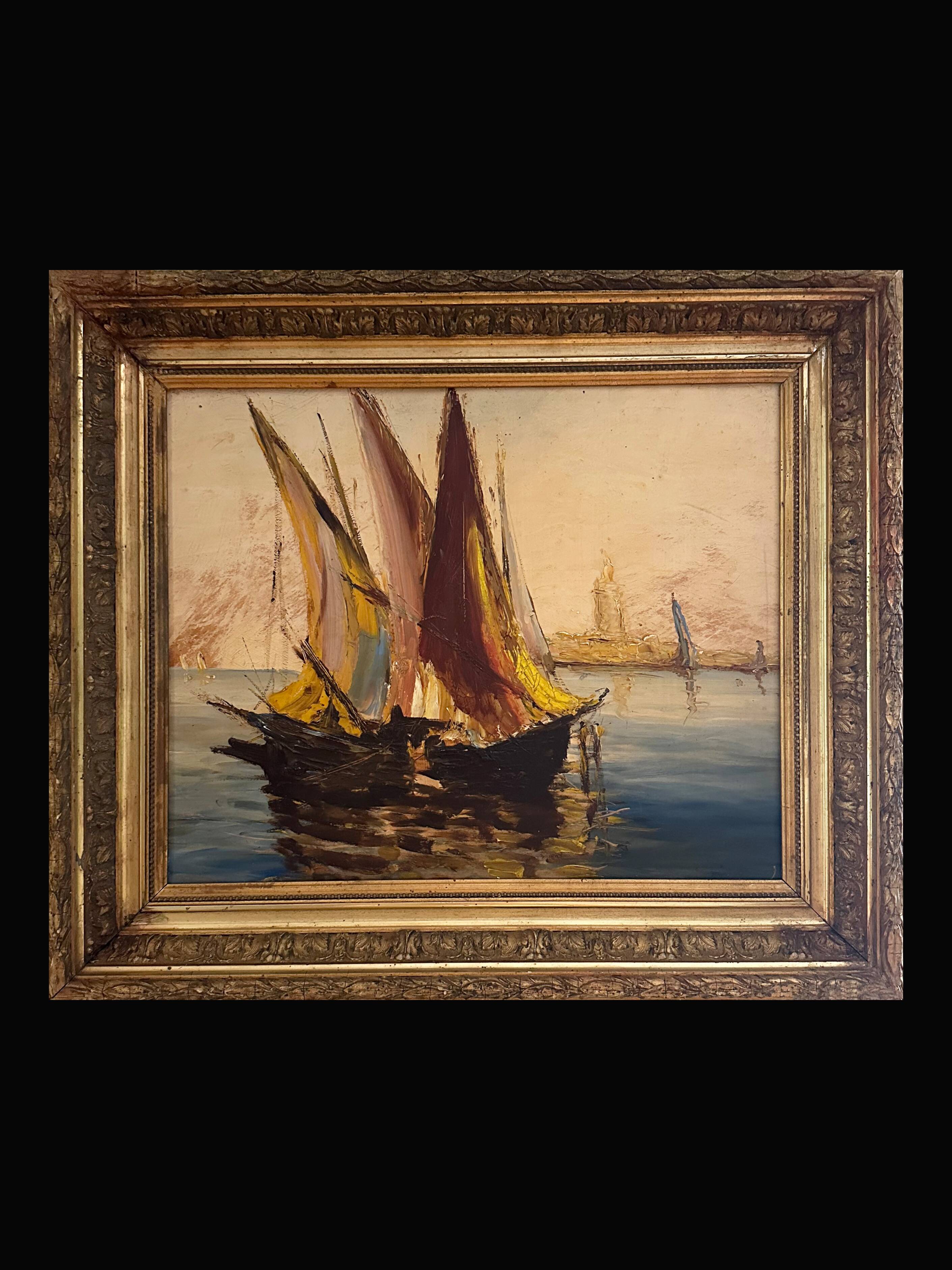Very old painting of a Mediterranean port.