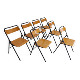 Vintage Set of 7 folding chairs in metal and wood - 1960s