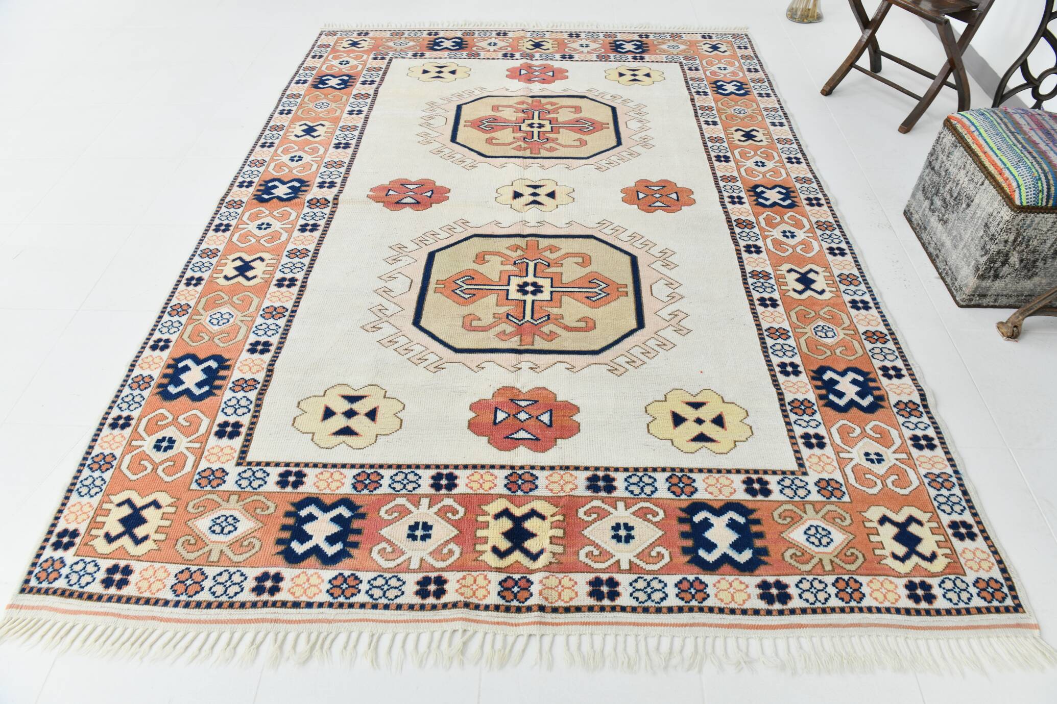 7x9 Peach Navy Blue Oushak Area Rug, 202x284Cm