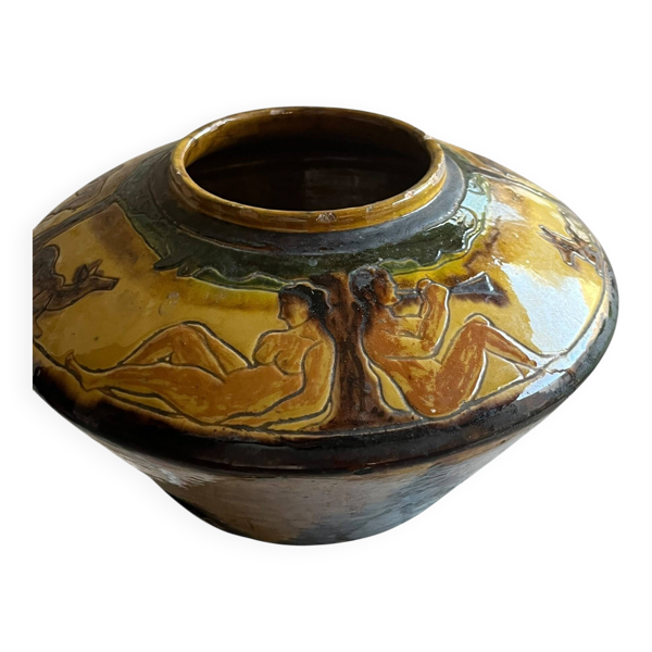 Chomel. 1931. Vase Art Deco “Jardin d’Eden” . Terre cuite vernissée h 16 cm