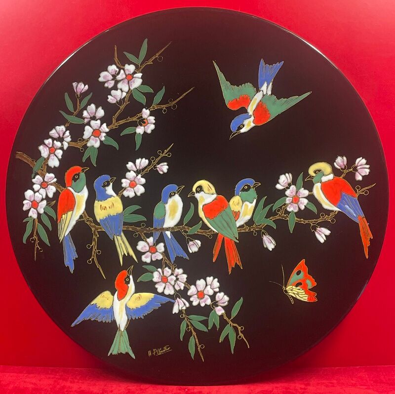 Superb dish n° 40 in emaux de longwy l'arbre aux oiseaux mp chevallier 37 cm