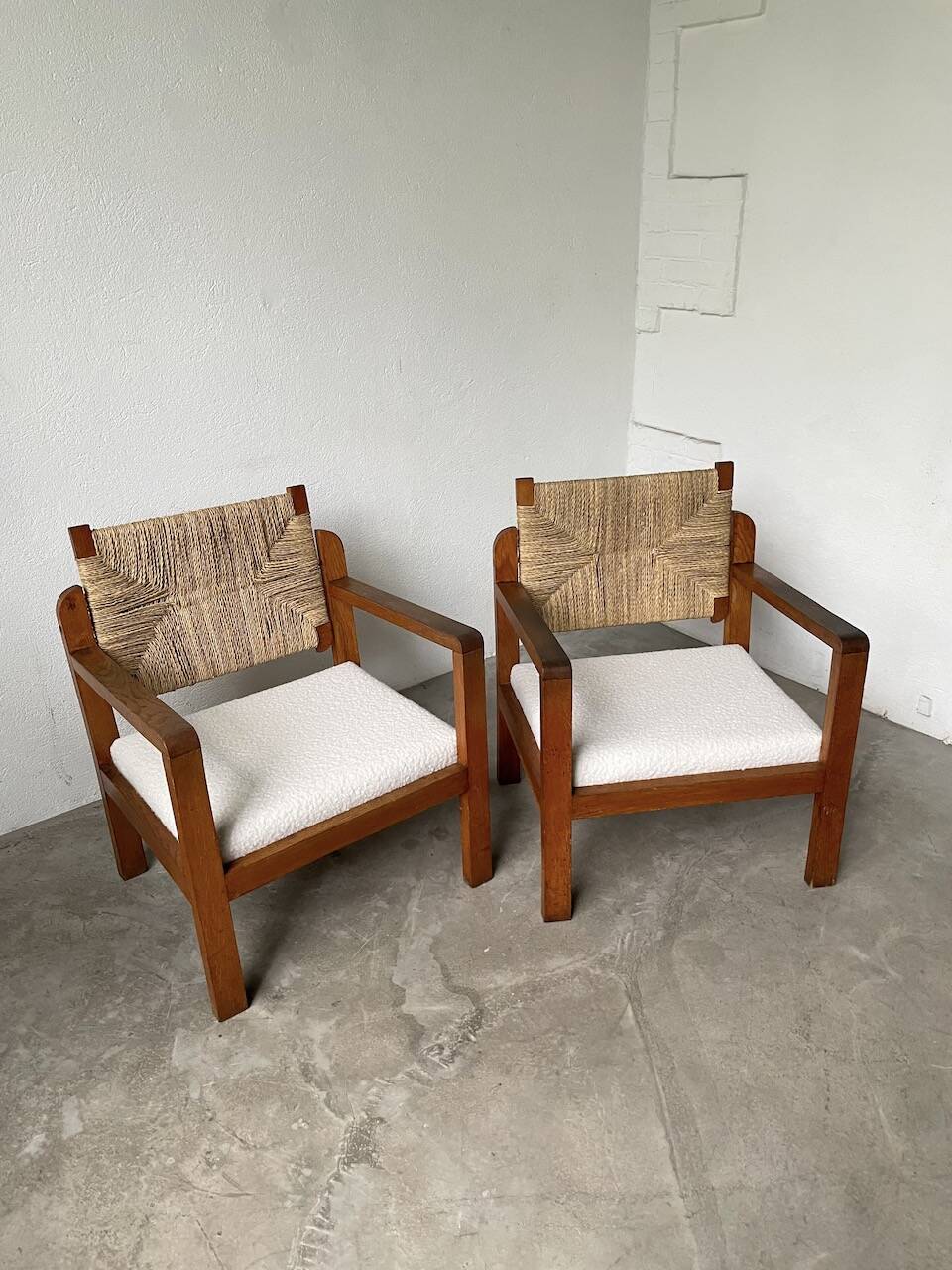 Pair of oak and straw armchairs, reconstruction style