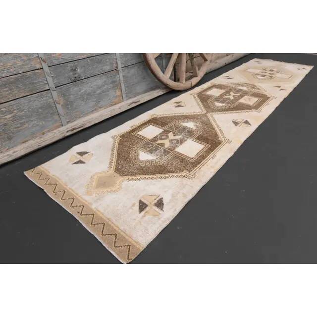 1970s Vintage Turkish Hand-Knotted Wool Cotton Beige Runner Rug 90x391