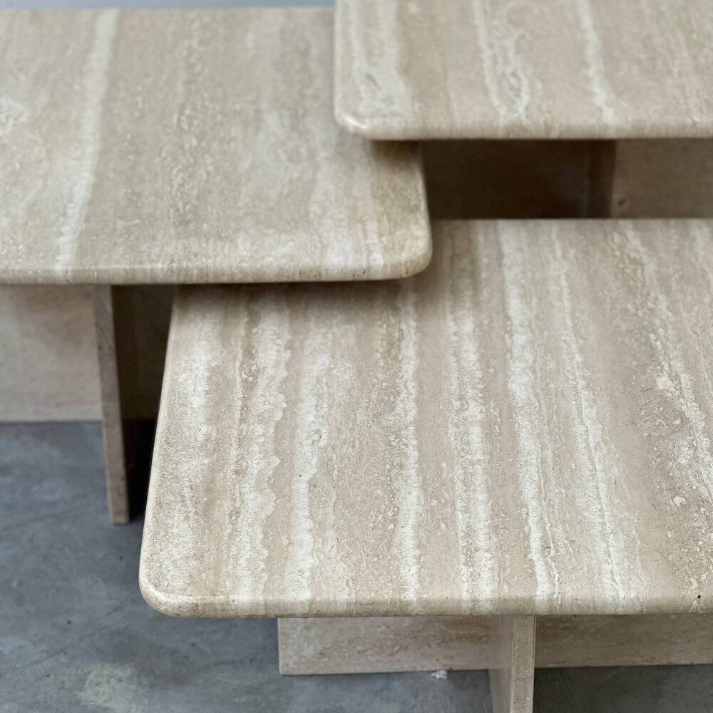 Set of three Italian travertine nesting / side tables, 1970s–1980s
