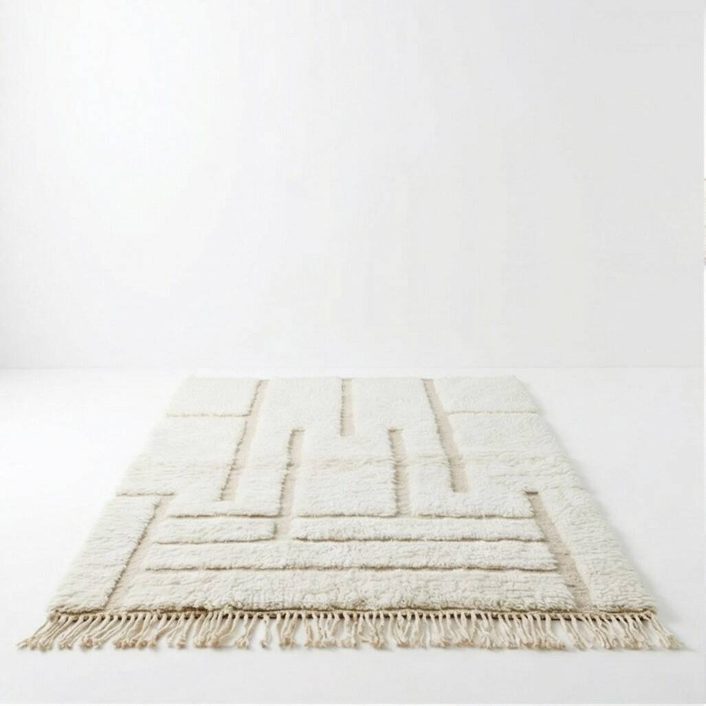 White Moroccan rug with a graphic pattern.