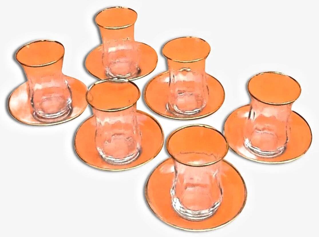 Tea service for 6 glasses / 6 saucers, transparent glass with gilding.