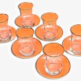 Tea service for 6 glasses / 6 saucers, transparent glass with gilding.