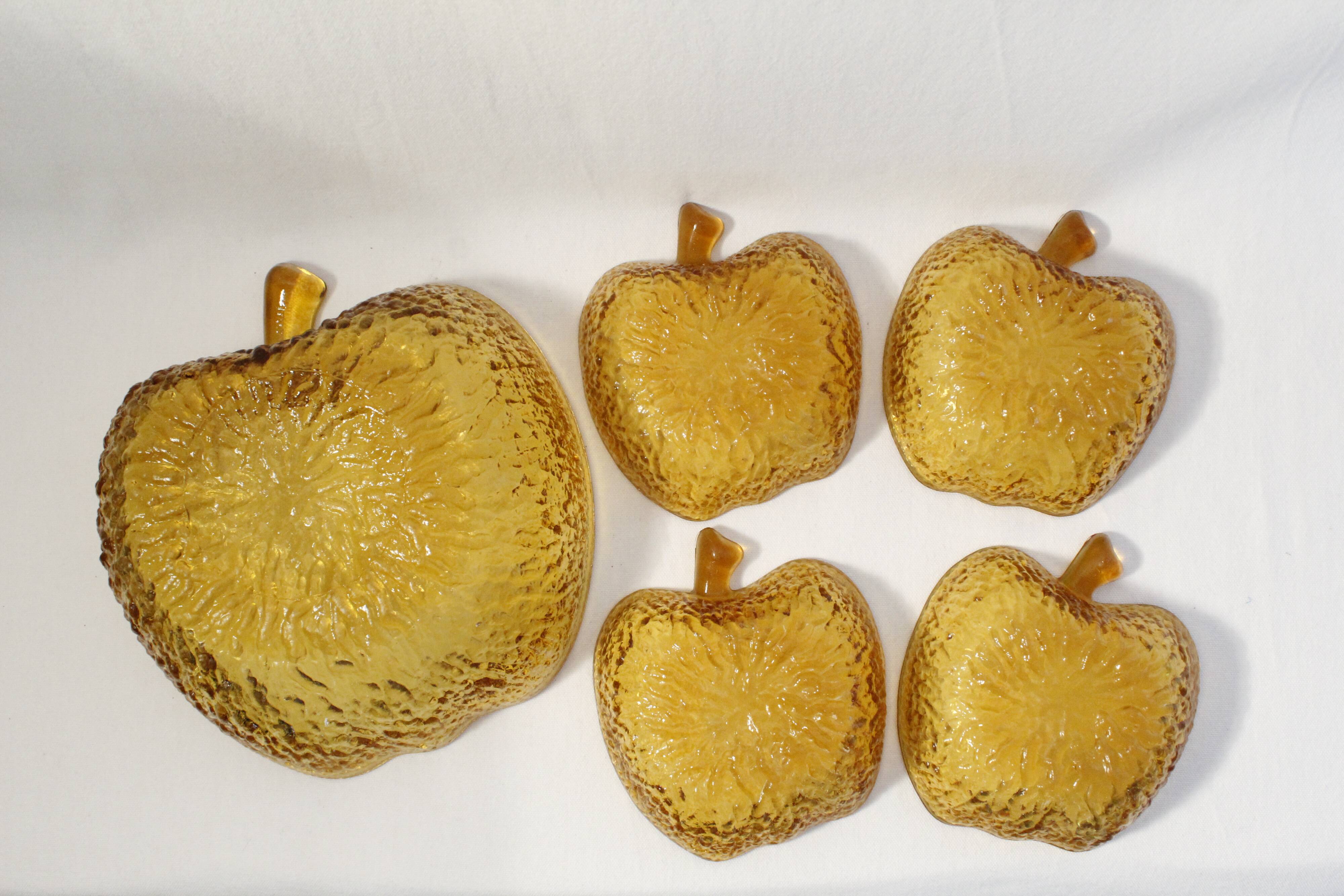 Salad bowl set and 4 dessert cups, vintage, apple shape in amber glass