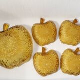 Salad bowl set and 4 dessert cups, vintage, apple shape in amber glass