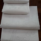 Antique sheets in white linen thread and 2 monogram pillowcases