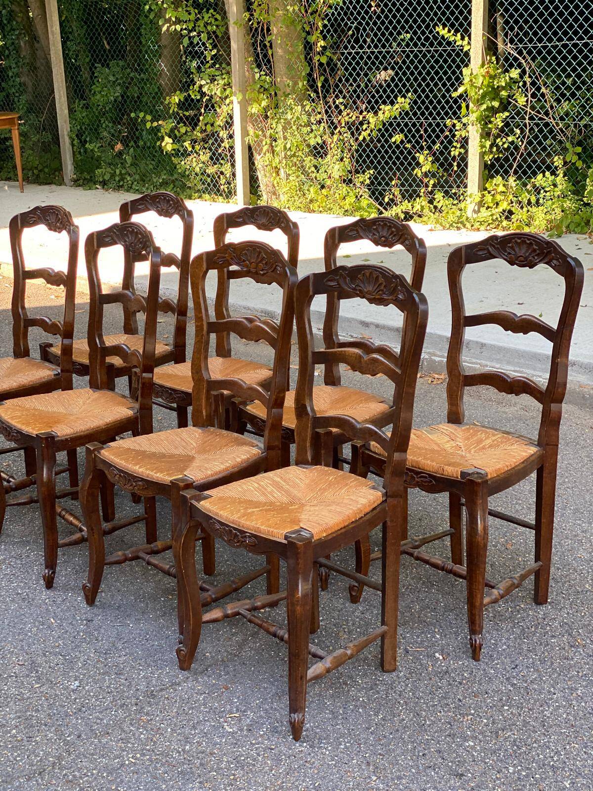 8 Louis XV solid wood straw shell chairs