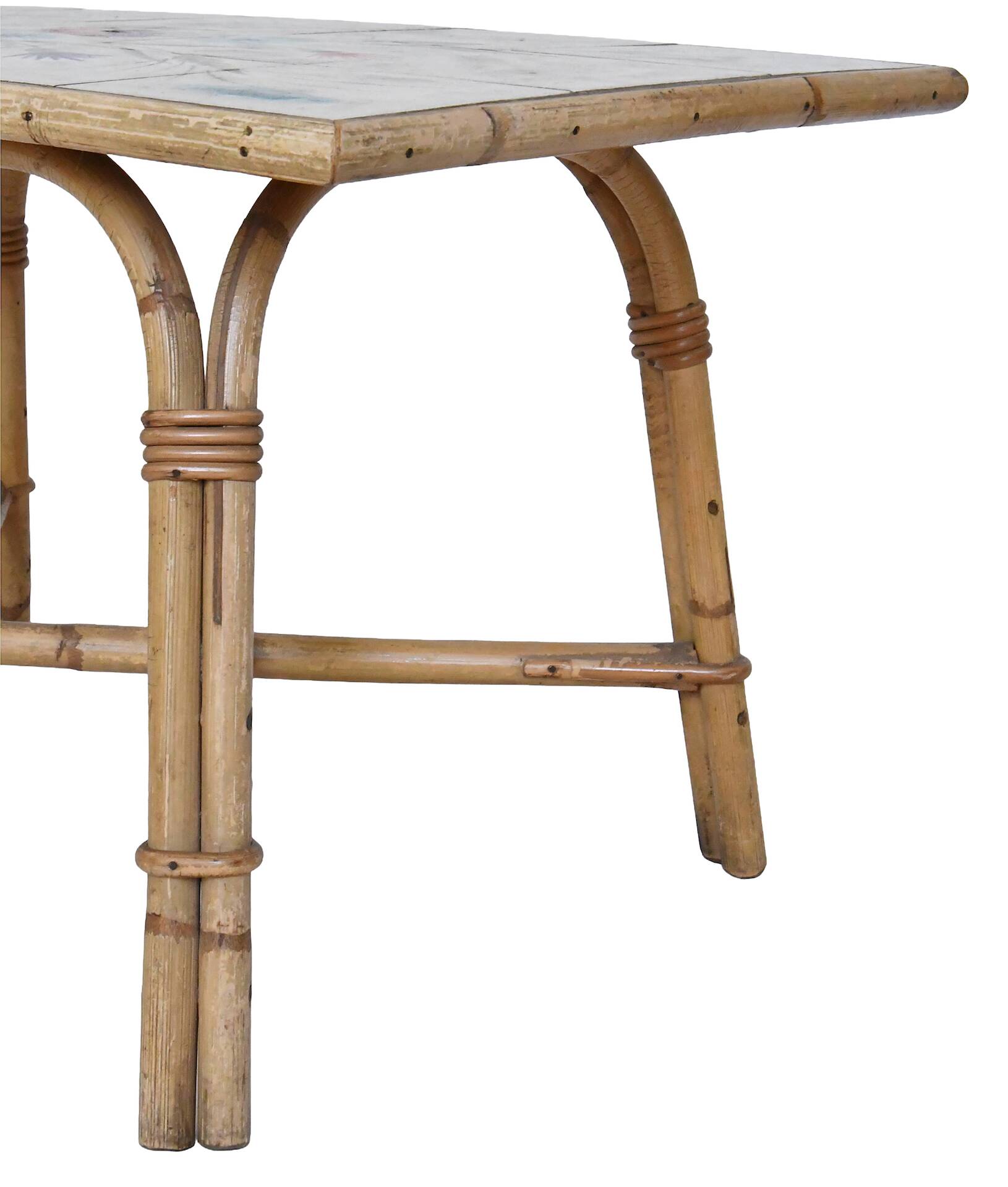 Audoux Minnet style coffee table in rattan and ceramic by Georges Chassin