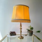 Louis XVI style gilt bronze lamp with yellow fringed shade - elegant vintage antique lamp