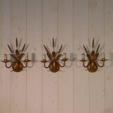 Set of 3 gilded wrought iron wall lights with wheat ears, 1960s
