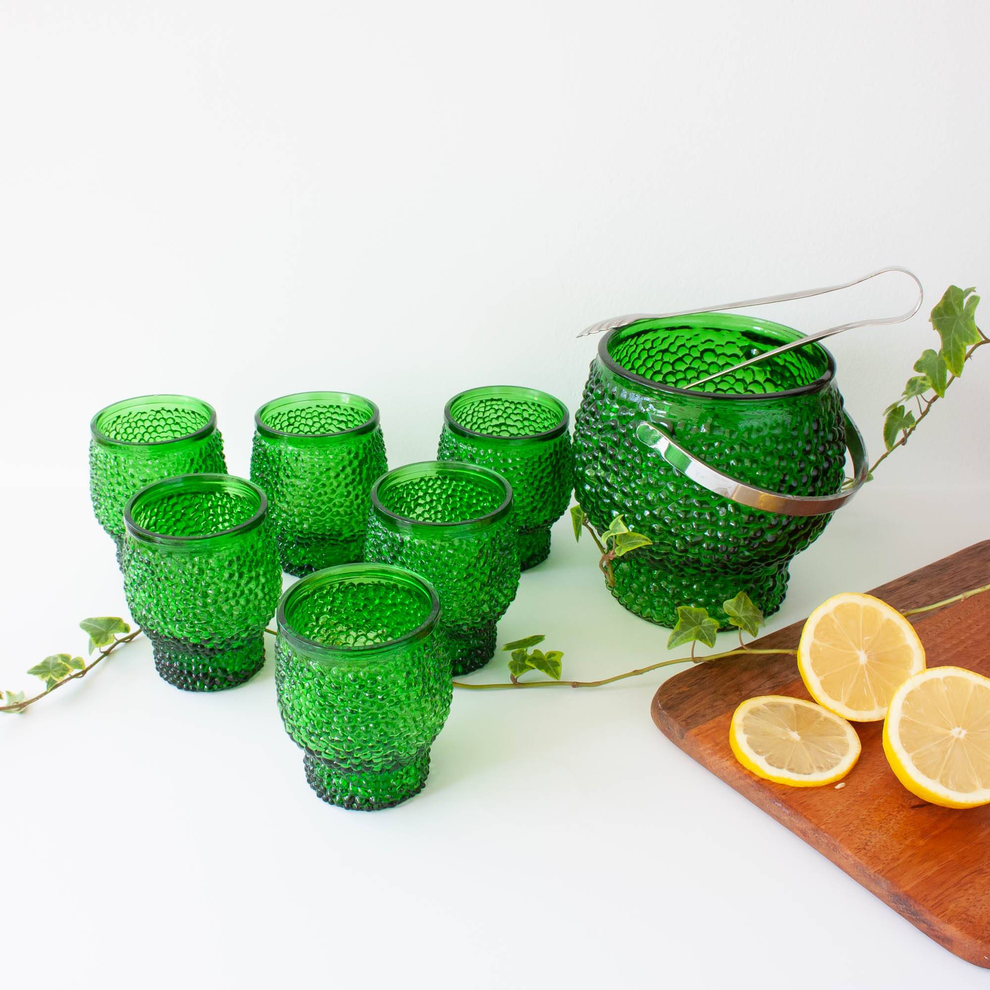 Vintage Green Set of 6 Cocktail bubble glasses, ice bucket and ice clamps
