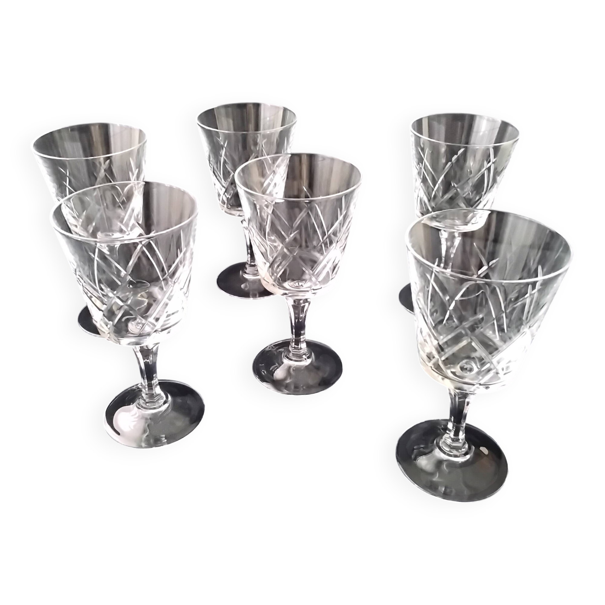 6 old crystal wine glasses from Arques, Saumur model.