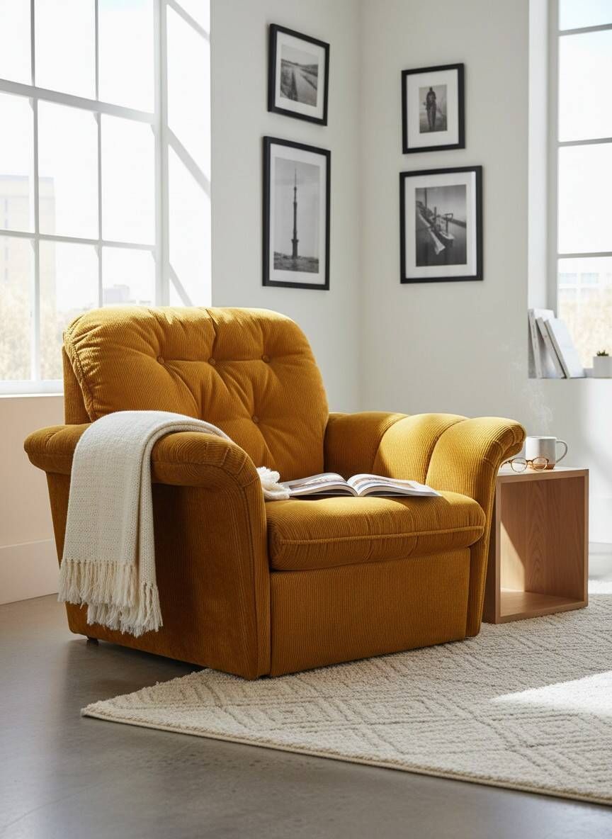Vintage lounge chair on wheels in golden mustard corduroy 70s