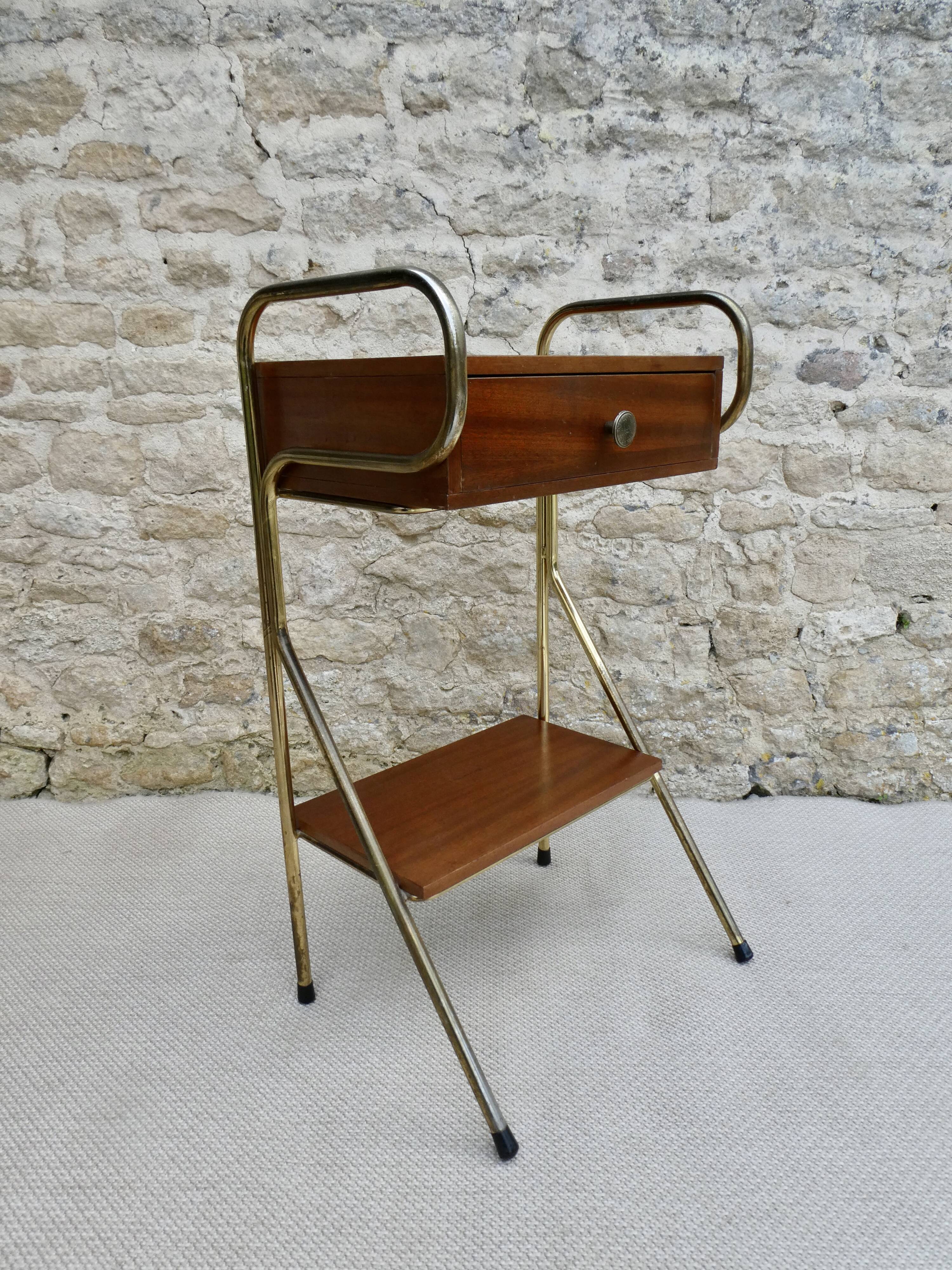 Bedside table in wood and metal, vintage, 50s-60s