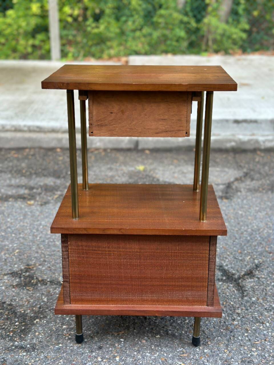 Mid-Century bedside table in solid teak/mahogany with brass, 1960.
