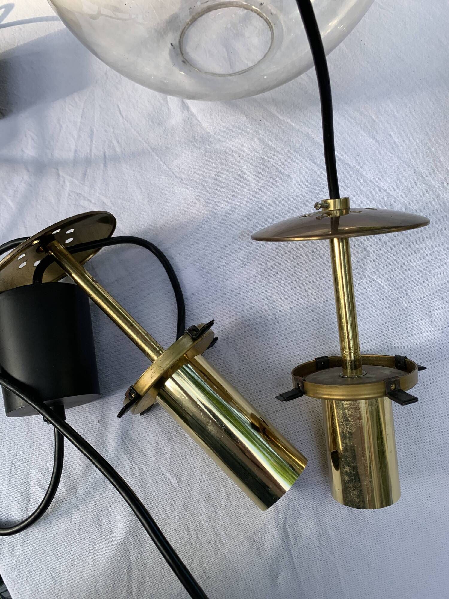 Set of three suspensions in glass and brass Limburg 70s