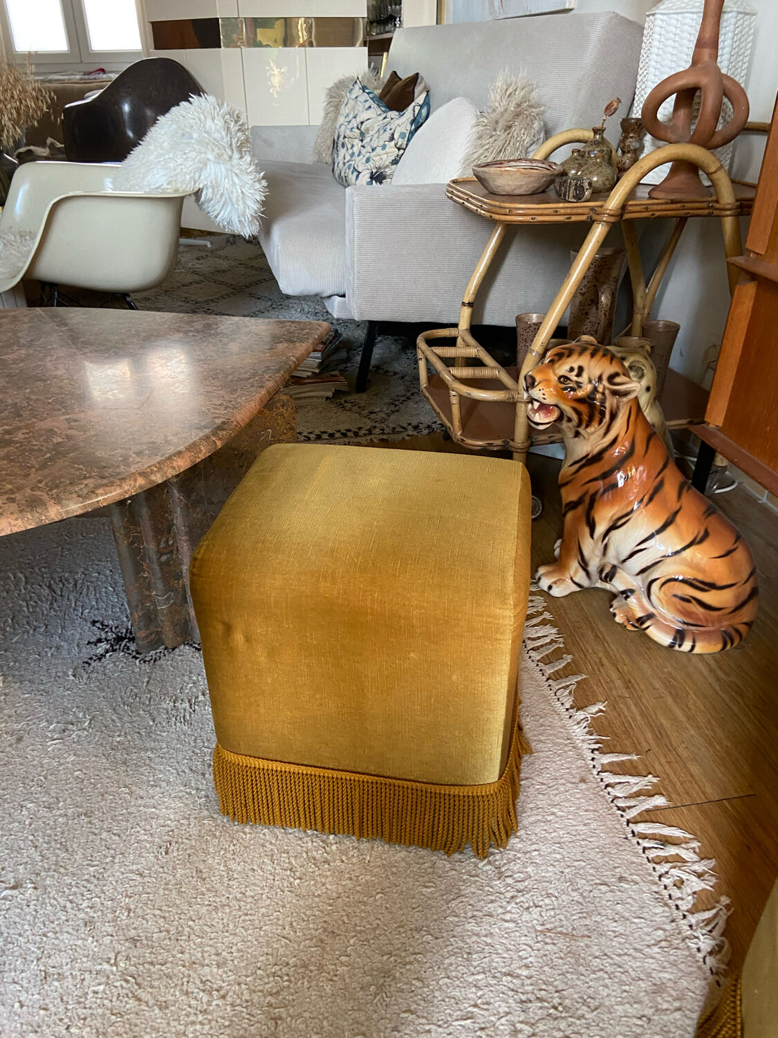 Pair of vintage fringed velvet poufs