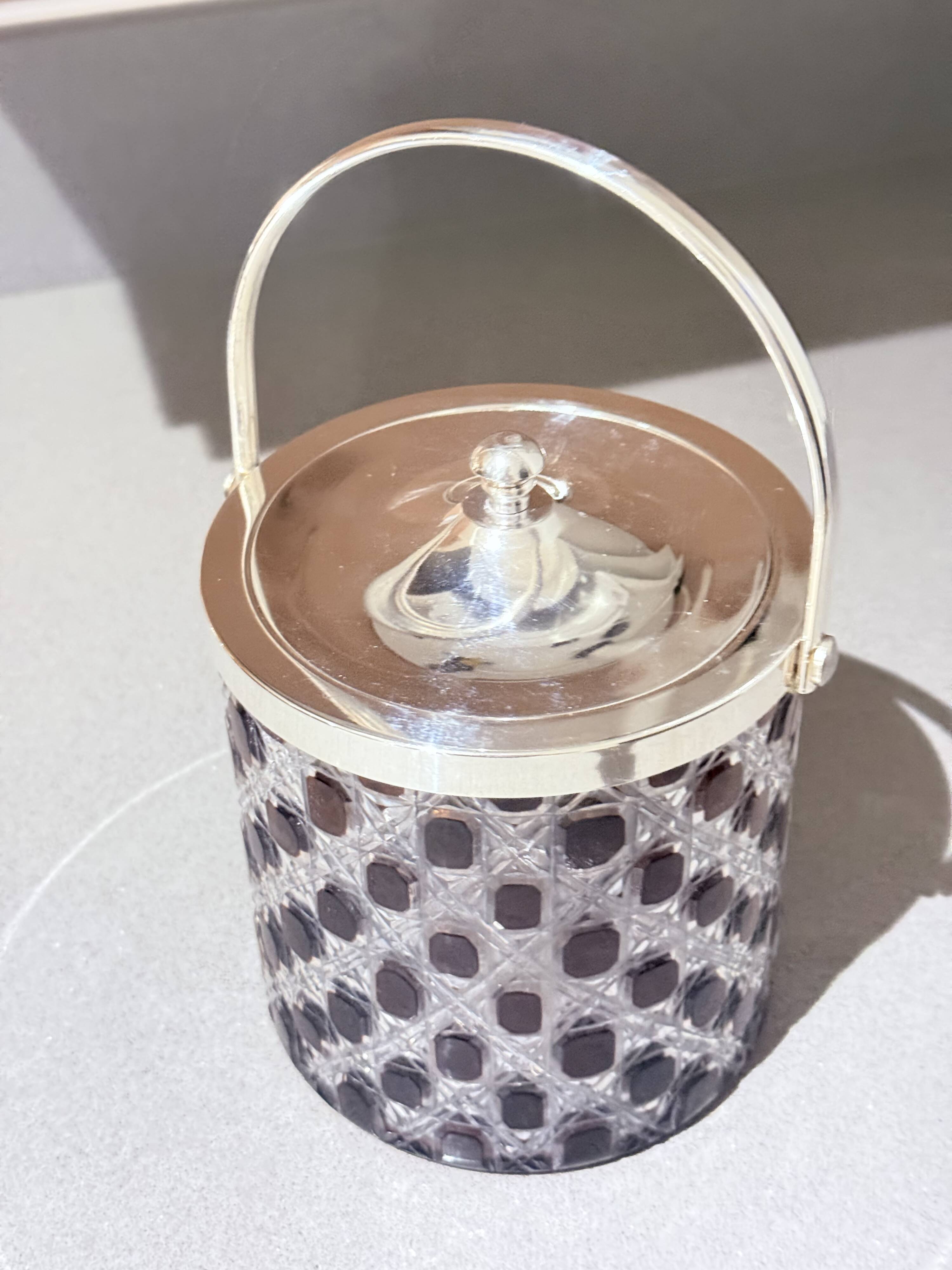 Vintage Cut Crystal Biscuit Box / Ice Bucket with Silver-Plated Lid and Handle