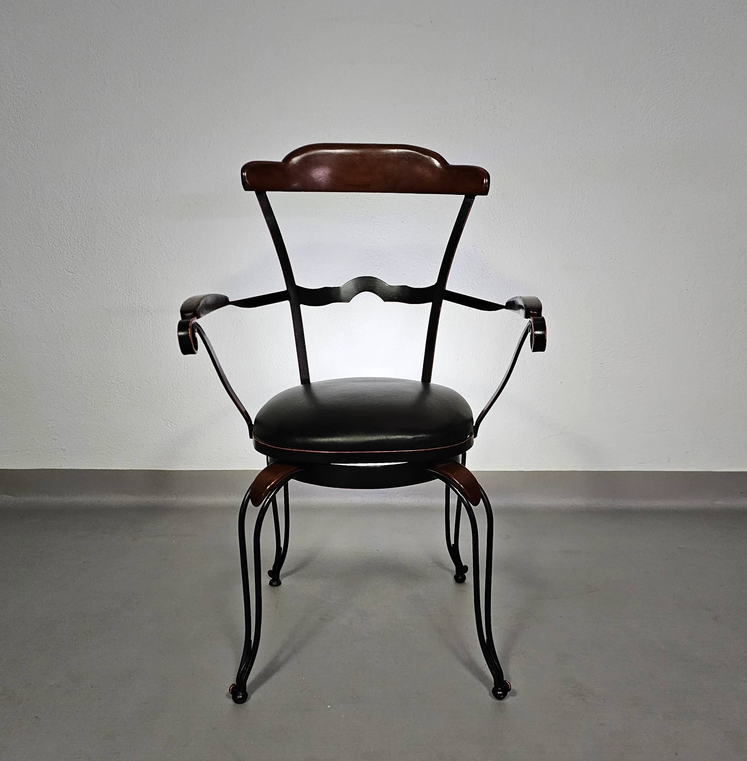 Italian postmodern turnable wrought iron dining chairs with leather seats